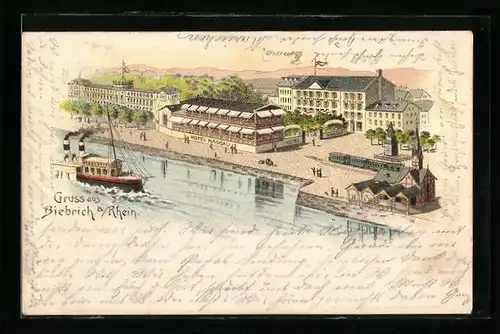 Vorläufer-Lithographie Biebrich a. Rhein, 1895, Hotel Nassau mit Dampfer