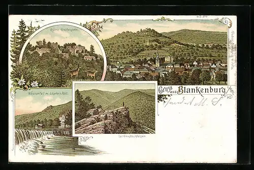 Lithographie Blankenburg i. Th., Ortsansicht, Ruine Greifenstein, Wasserfall mit Lösches Hall