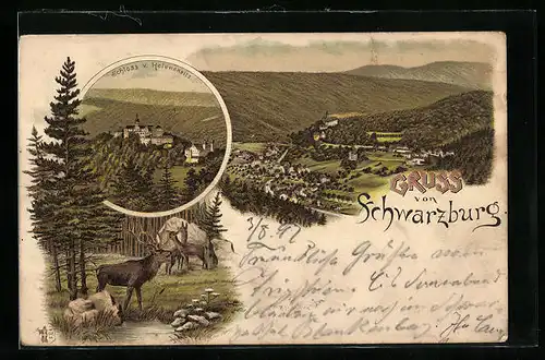 Lithographie Schwarzburg, Ortsansicht mit Schloss v. Helenensitz