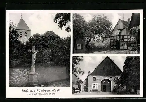 AK Pömbsen, Kirche mit Kreuz, Scheunentor, LKW