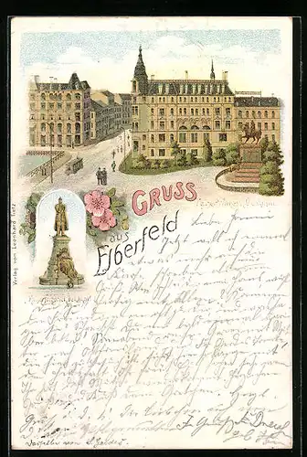 Lithographie Elberfeld, Kaiser Wilhelm Denkmal, Kaiser Friedrich Denkmal