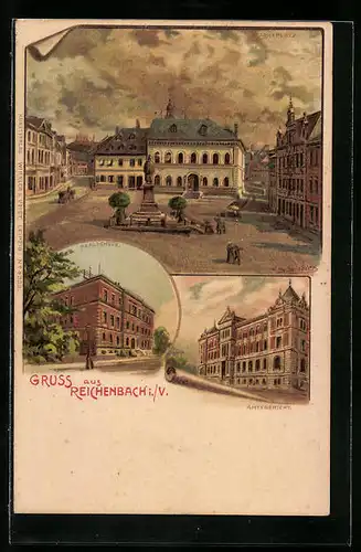 Künstler-AK Erwin Spindler: Reichenbach i. V., Realschule, Amtsgericht, Markt mit Denkmal
