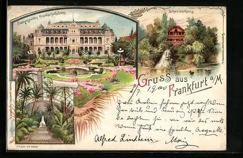 Lithographie Frankfurt-Westend, Schweizerhaus und Palmengarten Gesellschaftshaus