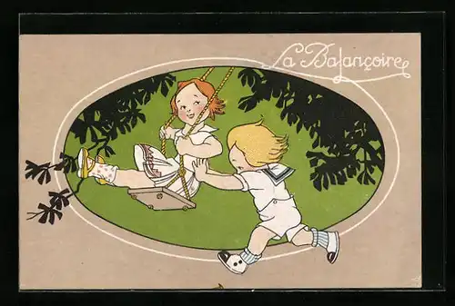 Künstler-AK Bub schubst seine Freundin auf der Schaukel an