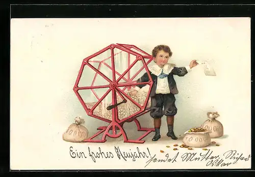 Präge-Lithographie Ein frohes Neujahr!, Bub zieht aus der Lostrommel, Geldsäcke