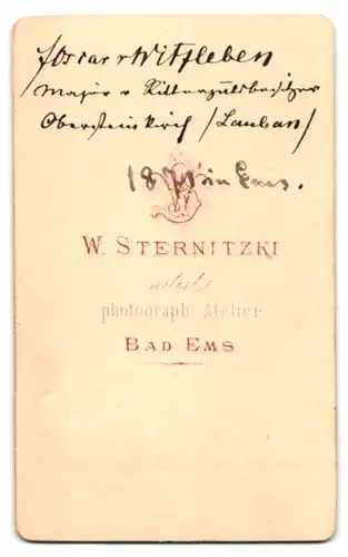 Fotografie W. Sternitzki, Bad Ems, Portrait Oskar von Witzleben im Anzug, Major und Rittergutsbesitzer, 1871