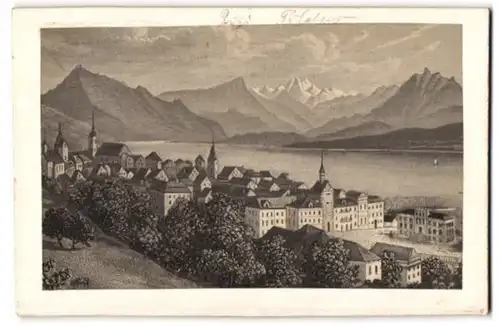 Fotografie unbekannter Fotograf, Ansicht Zug, Blick auf die Stadt am Zugsee mit Rigi Pilatus