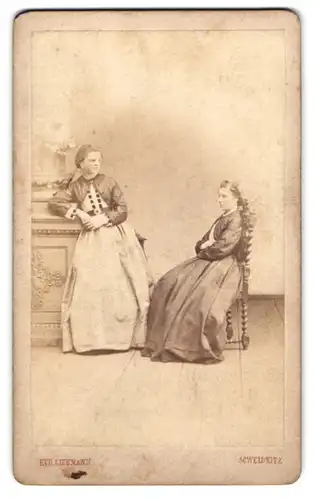 Fotografie Rudolph Liebmann, Schweidnitz, Paradeplatz 386, zwei junge Damen in zeitgenössischen Kleidern im Atelier