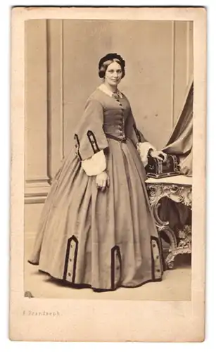 Fotografie F. Brandseph, Stuttgart, Portrait Dame im grauen Kleid mit Kopfbedeckung