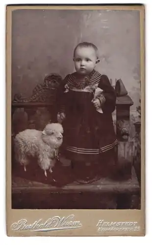 Fotografie Berthold Wurm, Helmstedt, niedliches Kleinkind im dunklen Kleid mit Stoffschaf auf einer Bank