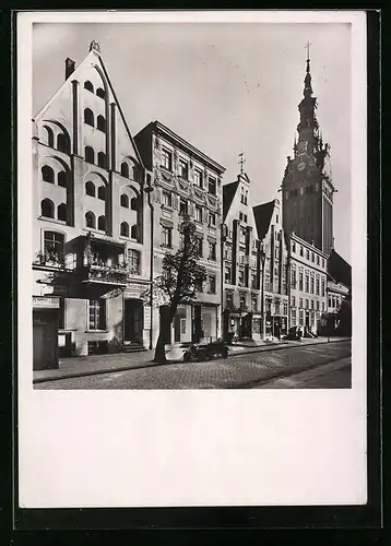 AK Elbing, Mittelalterliche Häuser an der Brückstrasse und Turm der Nikolaikirche