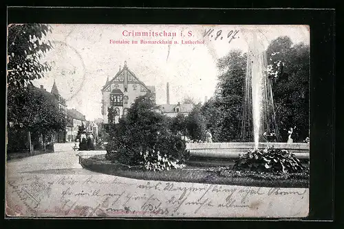 AK Crimmitschau i. S., Fontaine im Bismarckhain und Lutherhof