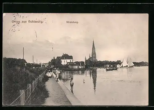 AK Schleswig, Blick vom Strandweg zur Kirche