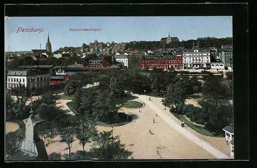 AK Flensburg, Bahnhofsanlagen aus der Vogelschau