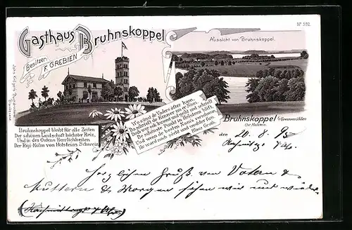 Vorläufer-Lithographie Bruhnskoppel b. Gremsmühlen, Gasthaus Bruhnskoppel mit Aussicht, 1895