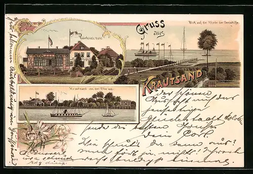 Lithographie Krautsand, Buhrfeinds Hotel, Rhede der Seeschiffe