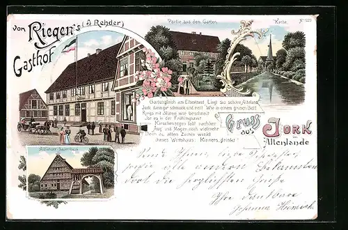 Lithographie Jork im Altenlande, Riegens Gasthof, Altländer Bauernhaus