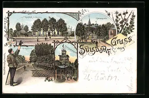 Lithographie Sülsdorf, Gasthof J. Wiencke, Gartenpartie, Dorfstrasse