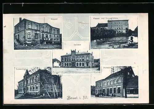 AK Brüel i. M., Rathaus, Meierei, Postamt, Volksschule