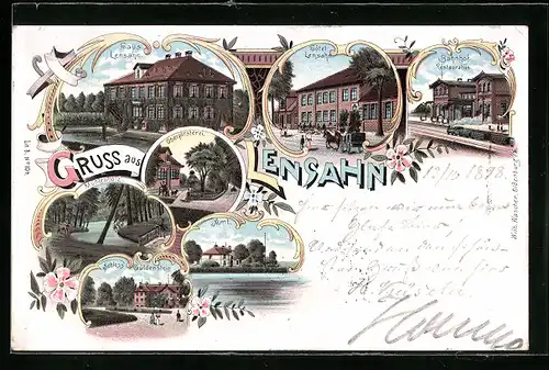 Lithographie Lensahn, Hotel, Bahnhofsrestaurant, Oberförsterei, Schloss Güldenstein
