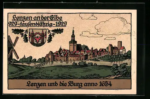 Steindruck-AK Lenzen a. d. Elbe, Festpostkarte, Tausendjährig 1929, Burg anno 1654