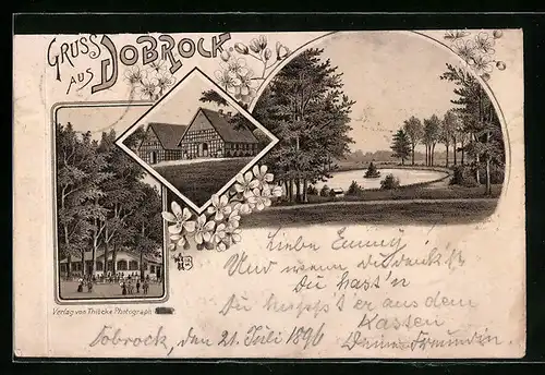 Lithographie Dobrock, Gasthaus, Uferpartie, Ortspartie