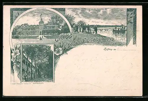 Lithographie Haffkrug, Ostsee-Elisabethbad, Haupthaus, Prinzenhaus, Strand