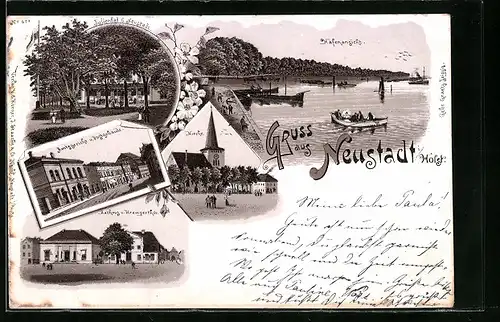 Lithographie Neustadt i. Holst., Julienbad, Amtsgericht und Postgebäude, Hafenansicht