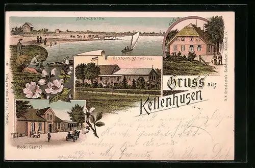 Lithographie Kellenhusen, Hoofe`s Gasthof, Petersen`s Strandhaus, Strandpartie