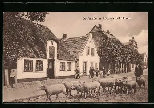 AK Rödemis bei Husum, Dorfstrasse und Hirte mit Schafen