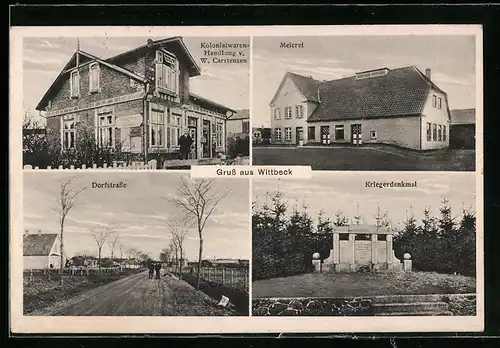 AK Wittbeck, Kolonialwaren-Handlung v. W. Carstensen, Meierei, Kriegerdenkmal