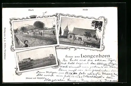 AK Langenhorn, Meierei und Bahnhof, Kirche, Markt