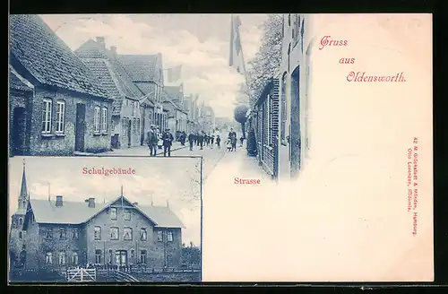 AK Oldenswort, Schulgebäude, Strasse mit alten Häusern