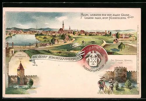 Lithographie Bischofswerda, Teilansicht, Die Grosse Rondel 1628, Der Mauerturm 1628