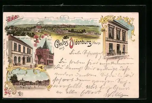 Lithographie Oldenburg i. H., Gesamtansicht, Hotel Stadt Hamburg und Post, Scheibners Hotel