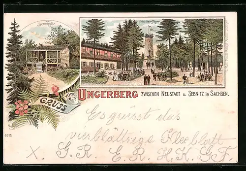 Lithographie Neustadt /Sa., Gasthaus Ungerberg mit Sennhütte und Aussichtsturm