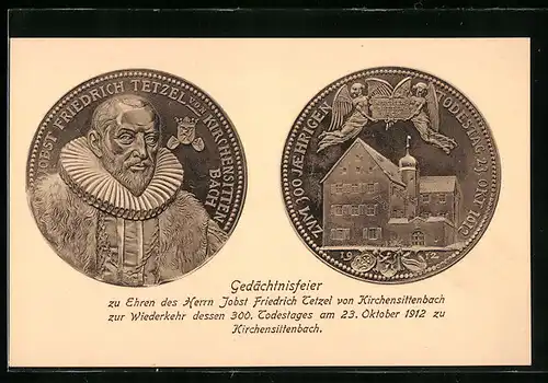 Künstler-AK Kirchsittenbach, Gedächtnisfeier Jobst Friedrich Tetzel 1912, Gedenkmünze
