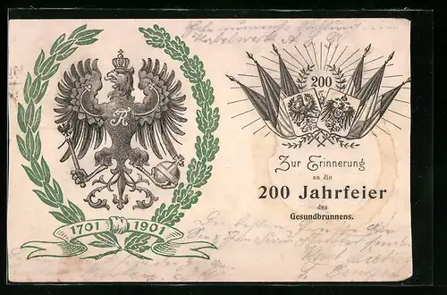 Künstler-AK Berlin-Wedding, Festpostkarte 200-Jahrfeier Gesundbrunnen 1901 - Wappen und Fahnen