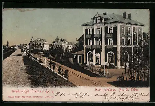 AK Cuxhaven-Döse, Hotel Badehaus mit Strasse und Kanal