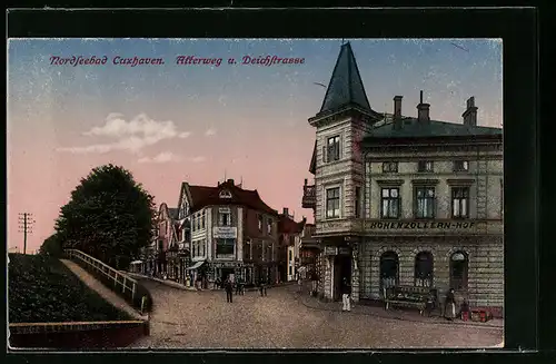AK Cuxhaven, Partie Alterweg und Deichstrasse, mit Haus Seestern und Hohenzollern-Hof