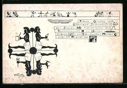 Künstler-AK Uelzen, 6-jähriges Stiftungsfest des Turnvereins des Realgymnasiums 1907 - Zeichnung im ägyptischen Stil