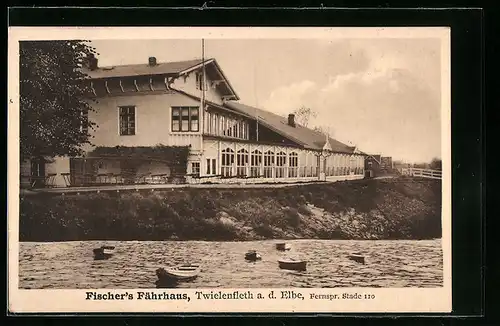 AK Twielenfleth a. d. Elbe, Fischers Fährhaus vom Wasser gesehen