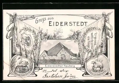 Künstler-AK Eiderstedt, Eiderstedter Hauberg, Wappen der Städte Garding und Tönning