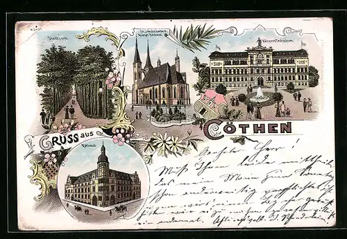 Lithographie Cöthen, Rathaus, St. Jakobskirche mit Kriegerdenkmal, Höheres Technicum, Stadtpark