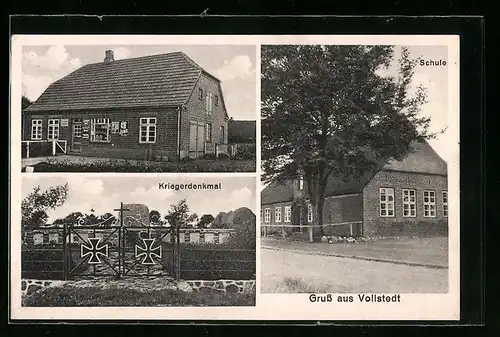 AK Vollstedt, Schule, Kriegerdenkmal, Geschäftshaus