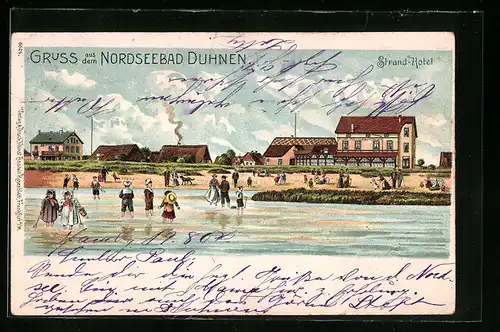 Lithographie Duhnen, Strand-Hotel, Badegäste am Strand