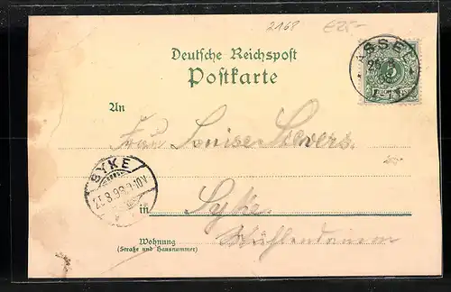 Lithographie Assel, Jahneke`s Gasthof zur Post, Kriegerdenkmal, Fleetparthie, Hafen