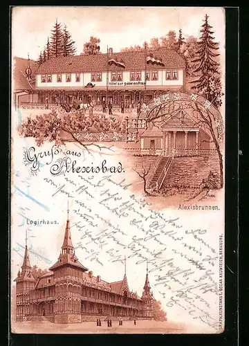 Lithographie Alexisbad, Hotel zur goldenen Rose, Alexisbrunnen, Logierhaus