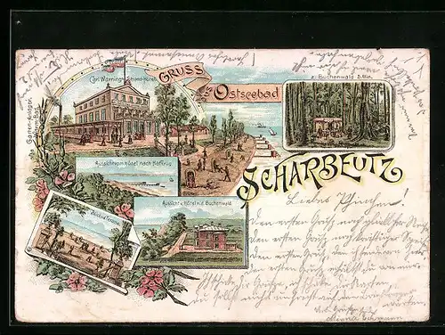 Lithographie Scharbeutz, Carl Warnings Strand-Hotel, Blick von der Terrasse