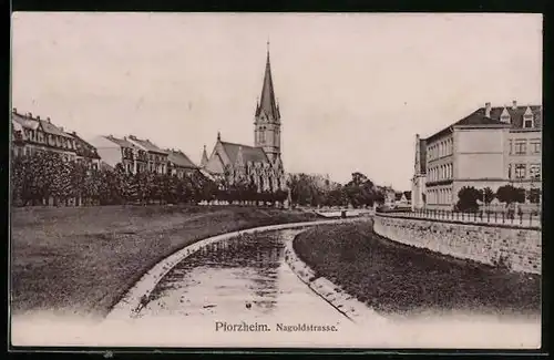 AK Pforzheim, Partie an der Nagoldstrasse, Kirche